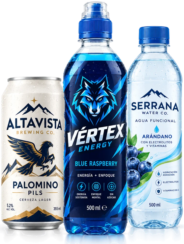 Lata y botellas de bebidas con etiquetas de alto impacto